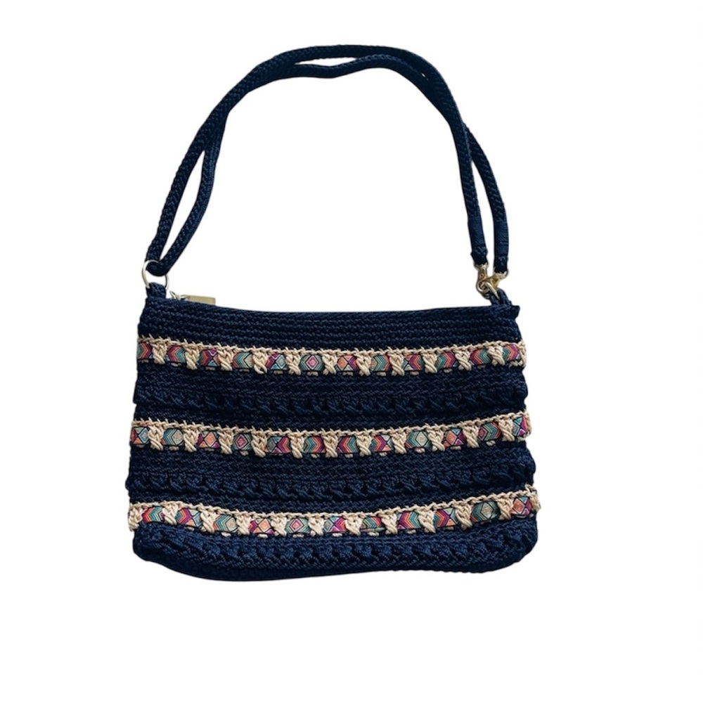 The Sak Cambria Navy Crocheted Aztec Detail Multicolor Shoulder Bag EUC